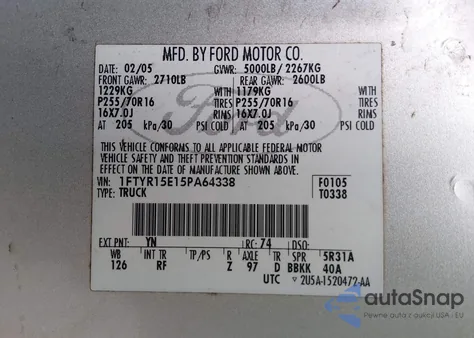 2005 Ford Ranger Edge/Xl/Xlt из США, поврежденный, VIN 1FTYR15E15PA64338